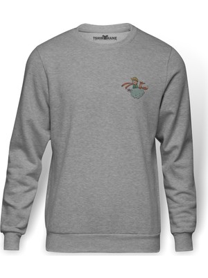 Tshirthane Küçük Prens Göğüs Baskı Çizgi Film Baskılı Gri Melanj Erkek Örme Sweatshirt Uzun kol