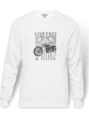 Tshirthane Live Fast Motorsiklet Baskılı Beyaz Erkek Örme Sweatshirt Uzun kol