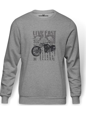 Tshirthane Live Fast Motorsiklet Baskılı Gri Melanj Erkek Örme Sweatshirt Uzun kol