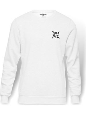 Tshirthane Metallica Logo Göğüs Baskılı Beyaz Erkek Örme Sweatshirt Uzun kol