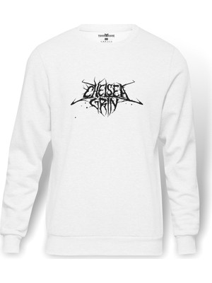 Tshirthane Chelsea Grin Logo Baskılı Beyaz Erkek Örme Sweatshirt Uzun kol