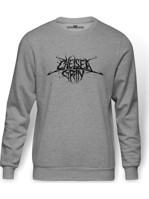 Tshirthane Chelsea Grin Logo Baskılı Gri Melanj Erkek Örme Sweatshirt Uzun kol