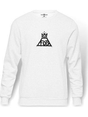 Tshirthane Fall Out Boy Baskılı Beyaz Erkek Örme Sweatshirt Uzun kol