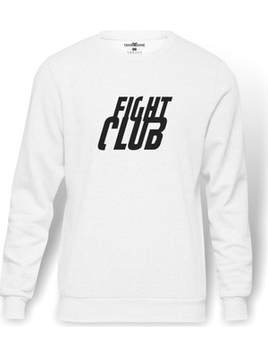Tshirthane Fight Club Logo Baskılı Beyaz Erkek Örme Sweatshirt Uzun kol
