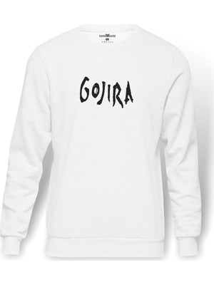Tshirthane Gojira Logo Baskılı Beyaz Erkek Örme Sweatshirt Uzun kol