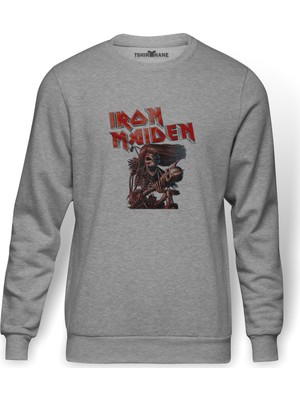 Tshirthane İron Maiden Ed Force One Canavar Yolda Baskılı Gri Melanj Erkek Örme Sweatshirt Uzun kol