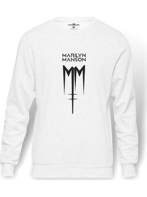 Tshirthane Marilyn Manson MM Baskılı Beyaz Erkek Örme Sweatshirt Uzun kol