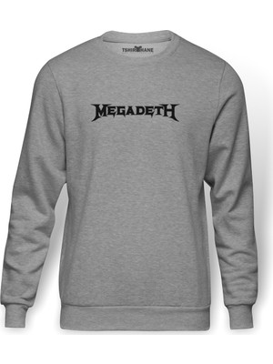 Tshirthane Megadeth Logo Baskılı Gri Melanj Erkek Örme Sweatshirt Uzun kol