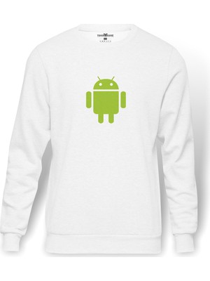 Tshirthane Android LOGO Baskılı Beyaz Erkek Örme Sweatshirt Uzun kol