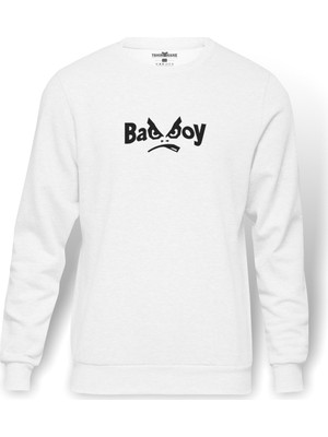 Tshirthane Bad Boy Baskılı Beyaz Erkek Örme Sweatshirt Uzun kol