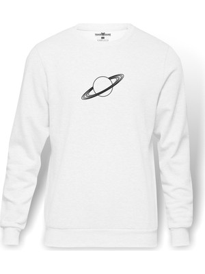 Tshirthane Gezegen Satürn Siyah Ve Beyaz Jüpiter Baskılı Beyaz Erkek Örme Sweatshirt Uzun kol