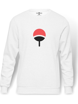 Tshirthane Uchiha Clan Baskılı Beyaz Erkek Örme Sweatshirt Uzun kol