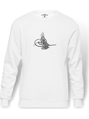 Tshirthane Tuğrası Ottoman Tughra Osmanli Tugrasi Logo Baskılı Beyaz Erkek Örme Sweatshirt Uzun kol