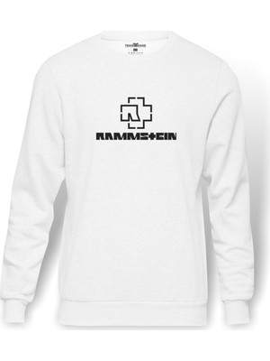 Tshirthane Rammstein Logo Baskılı Beyaz Erkek Örme Sweatshirt Uzun kol
