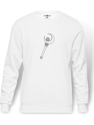 Tshirthane Mercury Sailor Moon Baskılı Beyaz Erkek Örme Sweatshirt Uzun kol