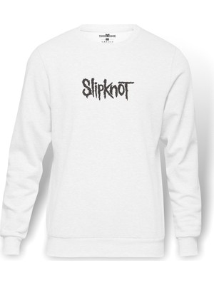 Tshirthane Slipknot Logo Baskılı Beyaz Erkek Örme Sweatshirt Uzun kol