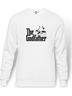 Tshirthane The Godfather Baskılı Beyaz Erkek Örme Sweatshirt Uzun kol