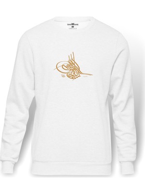 Tshirthane Osmanlı Tuğrası Baskılı Beyaz Erkek Örme Sweatshirt Uzun kol