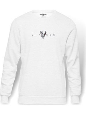 Tshirthane Vikings Baskılı Beyaz Erkek Örme Sweatshirt Uzun kol