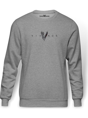 Tshirthane Vikings Baskılı Gri Melanj Erkek Örme Sweatshirt Uzun kol