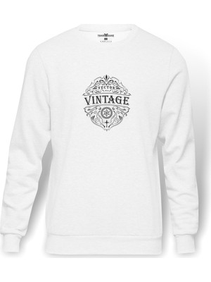 Tshirthane 1975 Vintage Baskılı Beyaz Erkek Örme Sweatshirt Uzun kol