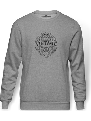 Tshirthane 1975 Vintage Baskılı Gri Melanj Erkek Örme Sweatshirt Uzun kol
