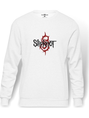 Tshirthane Slipknot Baskılı Beyaz Erkek Örme Sweatshirt Uzun kol