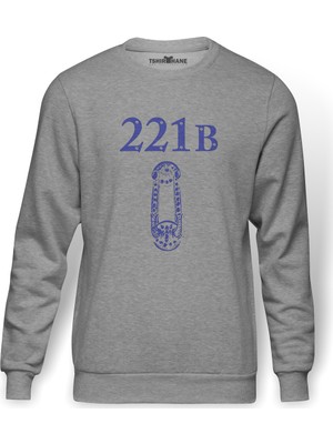 Tshirthane Sherlock Holmes Baskılı Gri Melanj Erkek Örme Sweatshirt Uzun kol