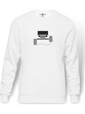 Tshirthane Jeep Baskılı Beyaz Erkek Örme Sweatshirt Uzun kol