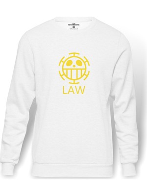 Tshirthane One Piece Law Logo Baskılı Beyaz Erkek Örme Sweatshirt Uzun kol