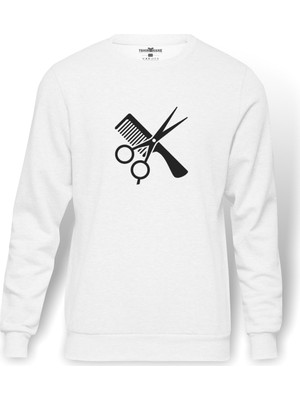 Tshirthane Berber Kuaför Barber Shop Baskılı Beyaz Erkek Örme Sweatshirt Uzun kol