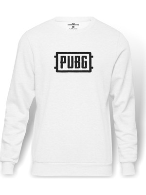 Tshirthane Pubg Logo Baskılı Beyaz Erkek Örme Sweatshirt Uzun kol