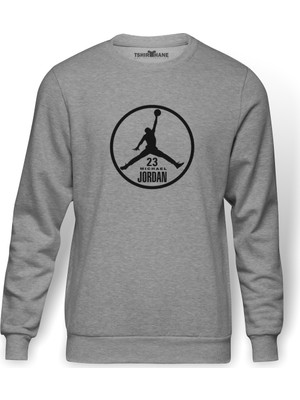Tshirthane Basketbol 23 Baskılı Gri Melanj Erkek Örme Sweatshirt Uzun kol