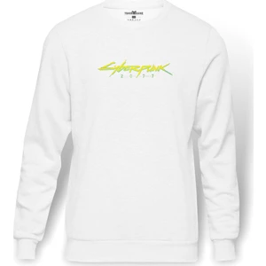 Cyberpunk 2077 Logo Baskılı Beyaz Erkek Örme Sweatshirt Uzun kol