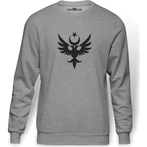 Göktürk Türk Selçuklu Kartalı Baskılı Gri Melanj Erkek Örme Sweatshirt Uzun kol