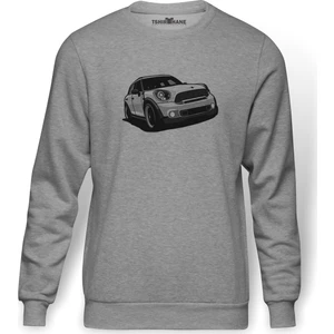 Mini Cooper Baskılı Gri Melanj Erkek Örme Sweatshirt Uzun kol