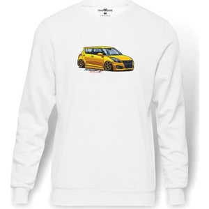 Suzuki Swift Baskılı Beyaz Erkek Örme Sweatshirt Uzun kol