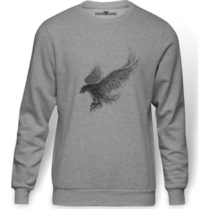 Kel Kartal Kuşu Kanatları Parçacıklar Baskılı Gri Melanj Erkek Örme Sweatshirt Uzun kol