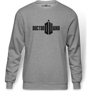 Doctor Who Logo Baskılı Gri Melanj Erkek Örme Sweatshirt Uzun kol