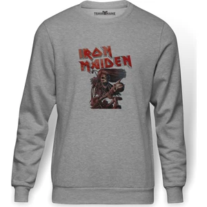 İron Maiden Ed Force One Canavar Yolda Baskılı Gri Melanj Erkek Örme Sweatshirt Uzun kol