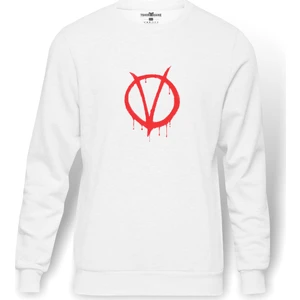 V For Vendetta Baskılı Beyaz Erkek Örme Sweatshirt Uzun kol