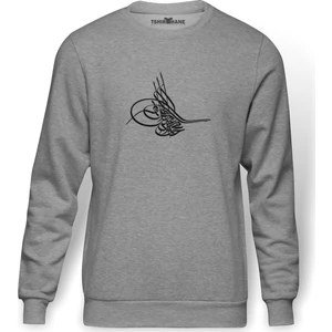 Tuğrası Ottoman Tughra Osmanli Tugrasi Logo Baskılı Gri Melanj Erkek Örme Sweatshirt Uzun kol