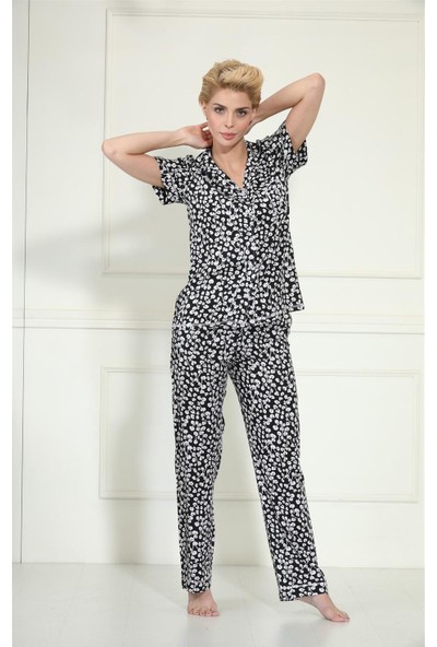 Etoile Kadın Yazlık Kısa Kol Bambu Dokuma Kumaş Pijama Takımı 98101 Lacivert XXL