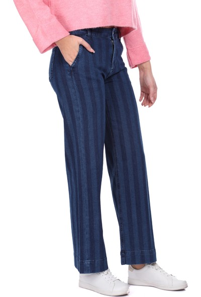 Markapia Woman Çizgili Geniş Paça Lacivert Kadın Jean Pantolon