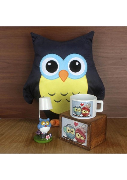 Meraklı Baykuş Yastık Ahşap Kutulu Kupa Mavi Baykuş Beyaz Lamba Işıklı Biblo Set