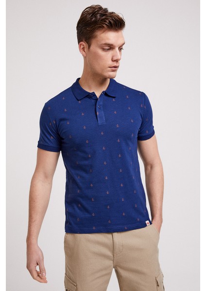 Lee Cooper 242070 İndigo Çapa Desenli Erkek Polo T-Shirt