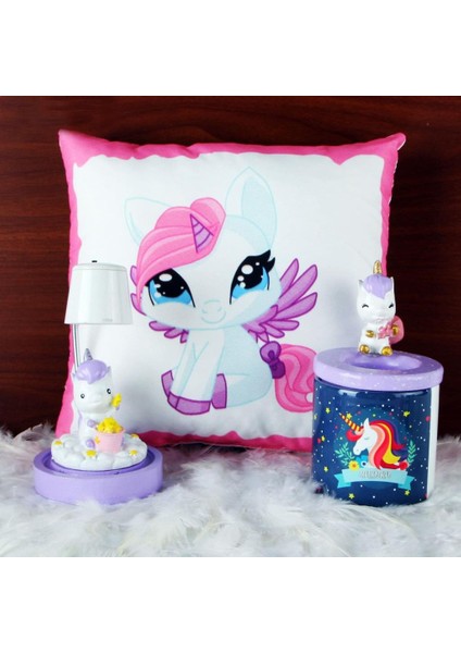Sevimli Papçik Unicorn Puf Yastık Kalemlik Unicorn Işıklı Biblo Masa Gece Lambası Hediye Seti