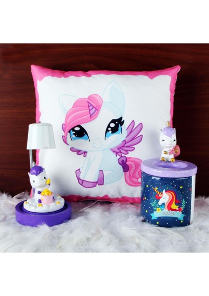 Sevimli Papçik Unicorn Puf Yastık Kalemlik Unicorn Işıklı Biblo Masa Gece Lambası Hediye Seti