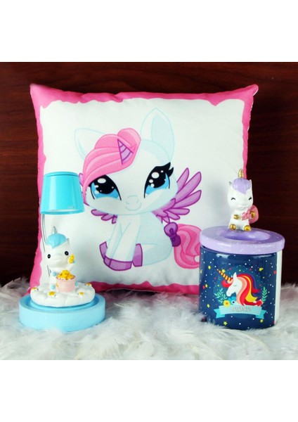 Sevimli Papçik Unicorn Puf Yastık Kalemlik Unicorn Işıklı Biblo Masa Gece Lambası Hediye Seti