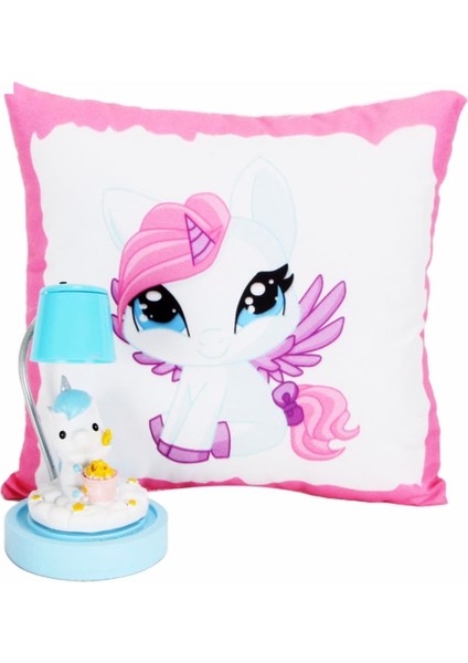 Sevimli Papçik Unicorn Puf Yastık Unicorn Işıklı Biblo Masa Gece Lambası Hediye Seti